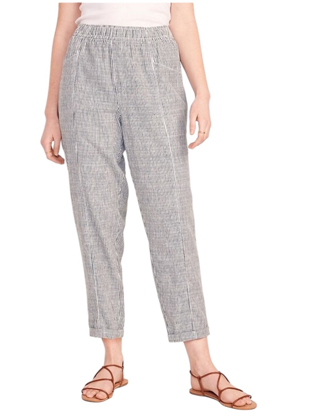 Old Navy Stripe High Waisted Linen Blend Tapered Pants Drawstring Blue Petrol L